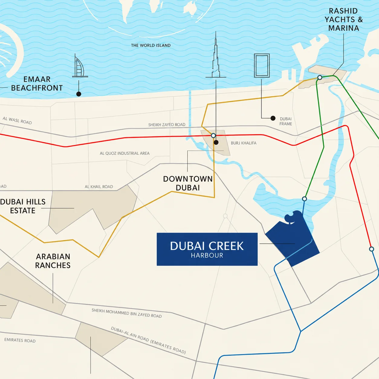 Map positioning Lunaya near Sheikh Zayed Road and major destinations in the Jebel Ali growth corridor